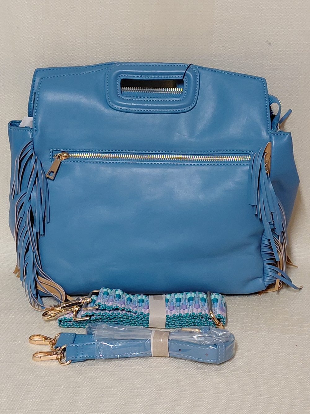 Ah•dorned Sky Blue Fringe Faux Leather Crossbody Bag w/ 2 Adjustable Straps NWT